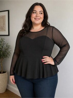 Black Mesh Sleeve Peplum Top 4XL Sheer Long Sleeve Stretch Blouse Plus Size